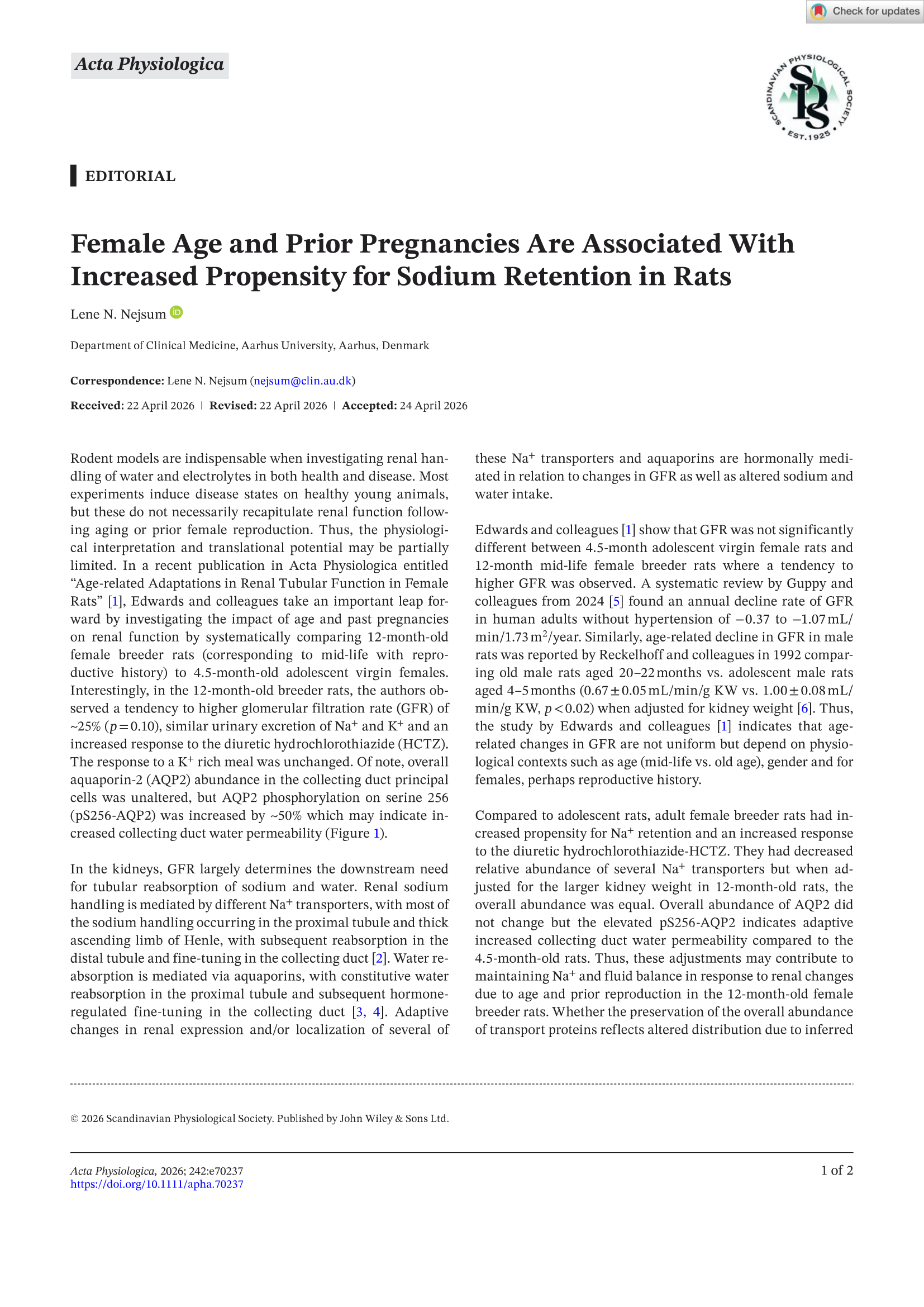 Editorial: Female Age and Prior Pregnancies Are Associated With Increased Propensity for Sodium Retention in Rats